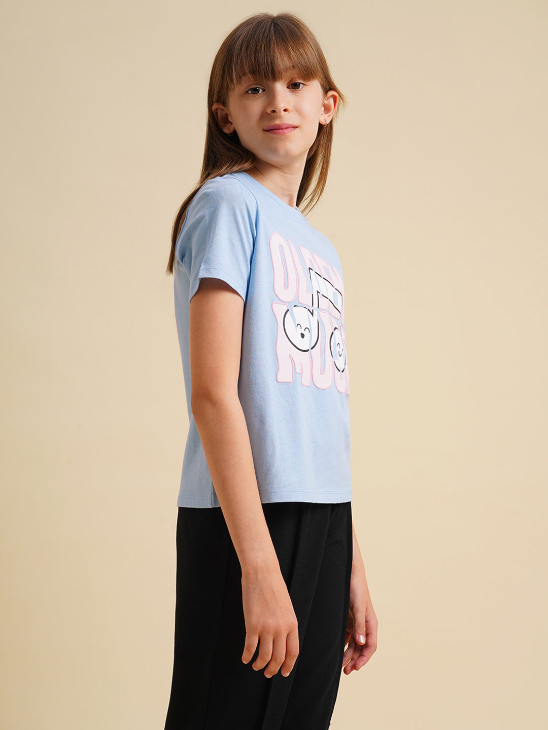 Girls Blue Printed Cotton T-shirt