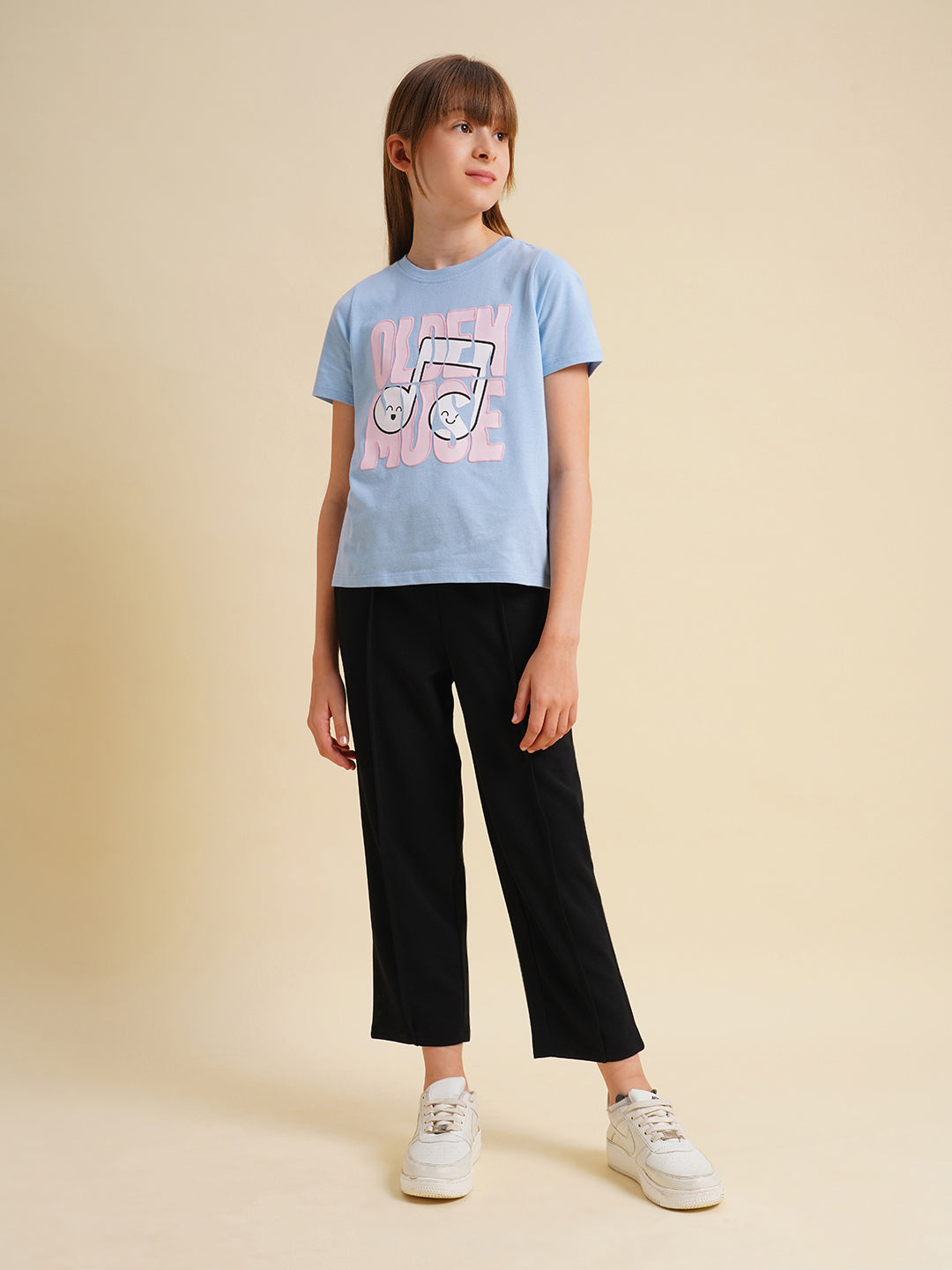 Girls Blue Printed Cotton T-shirt