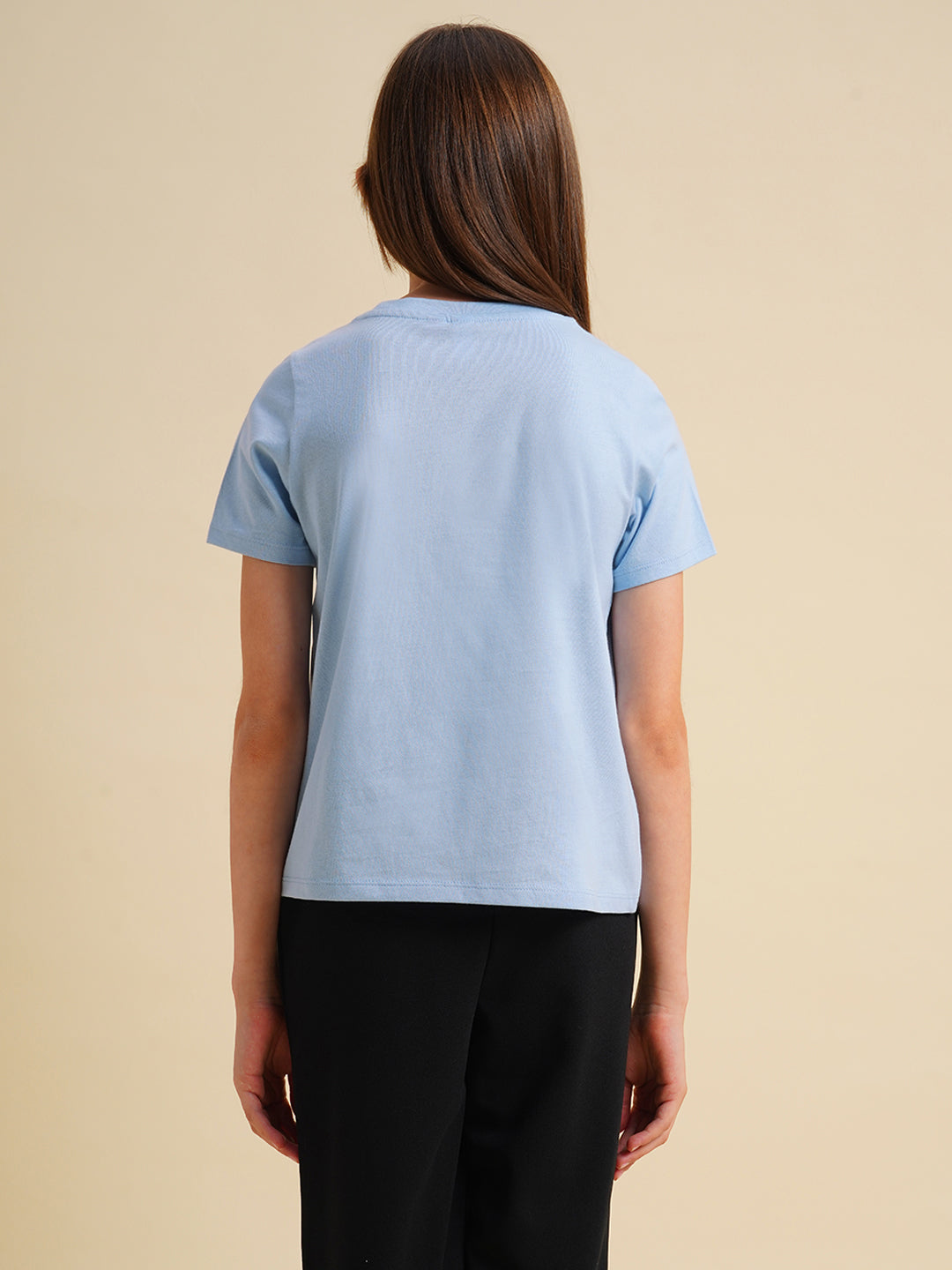 Girls Blue Printed Cotton T-shirt