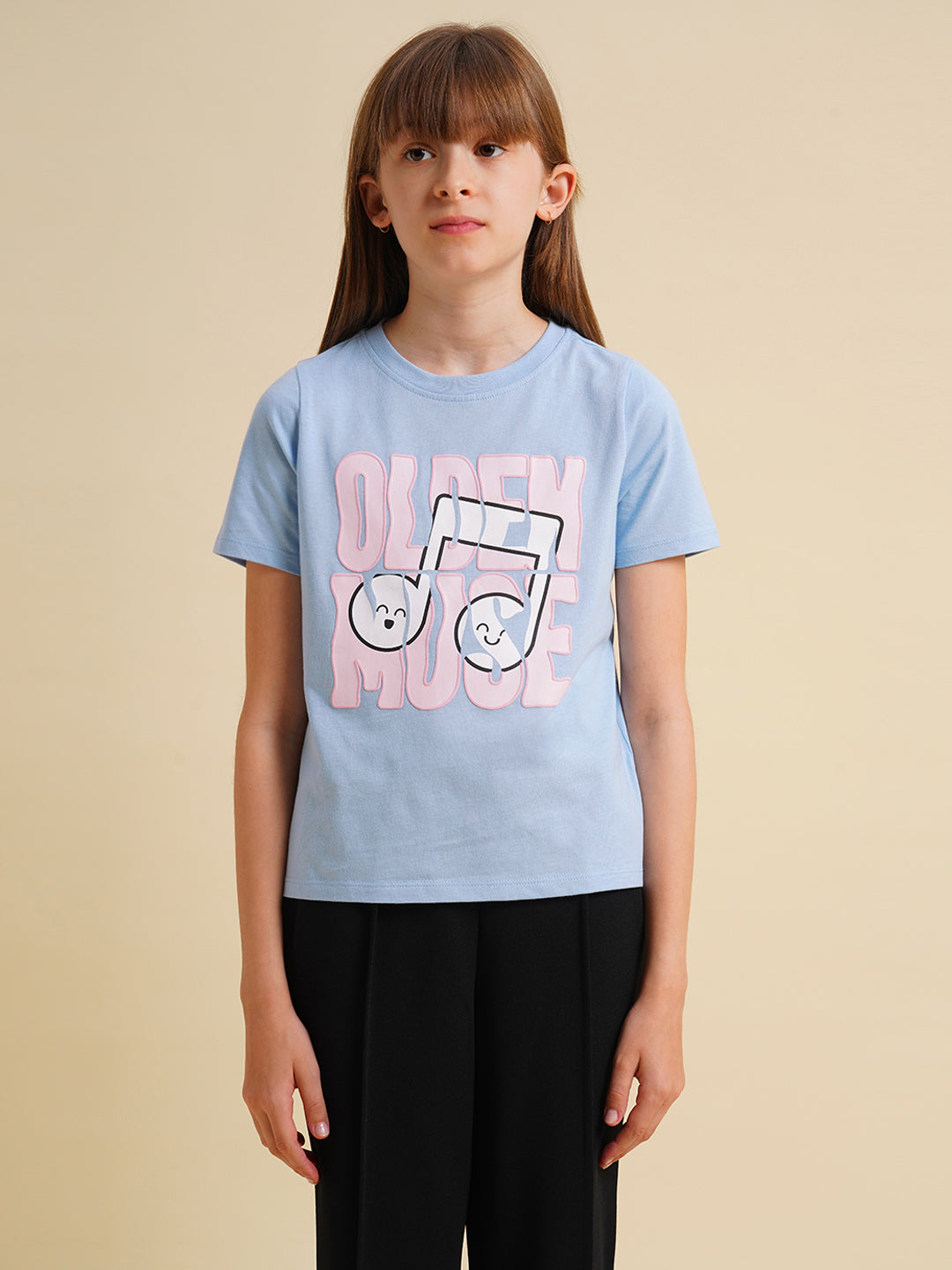 Girls Blue Printed Cotton T-shirt