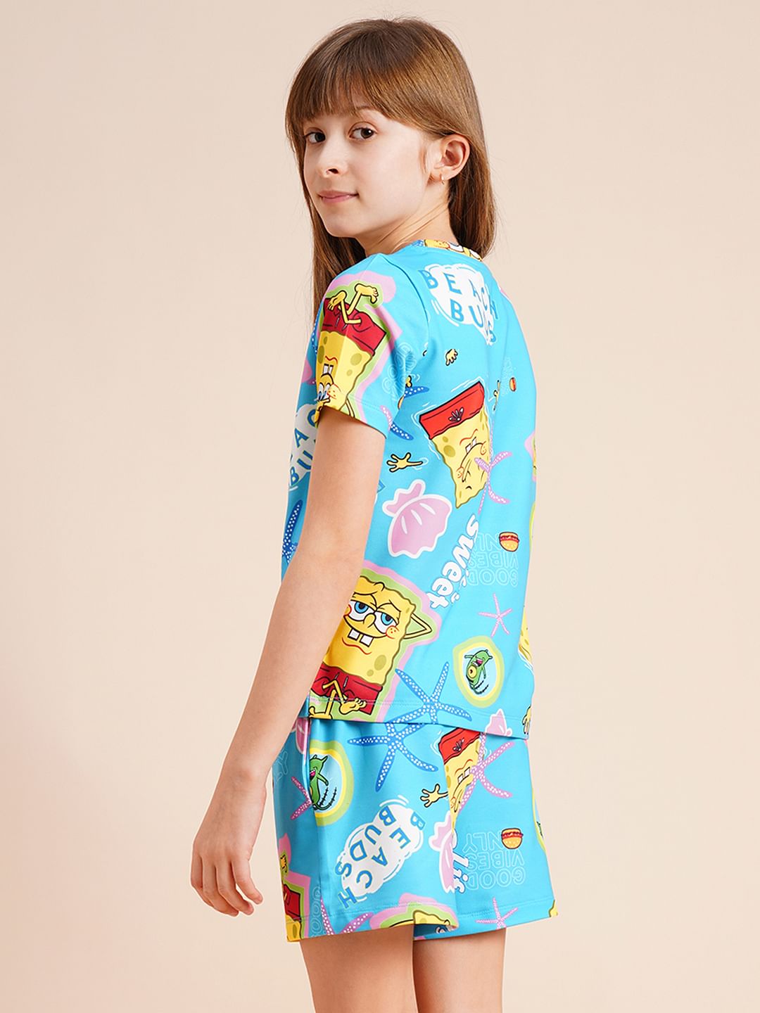 Girls Blue Spongebob Print T-Shirt