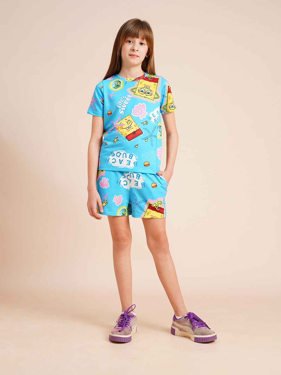 Girls Blue Spongebob Print T-Shirt