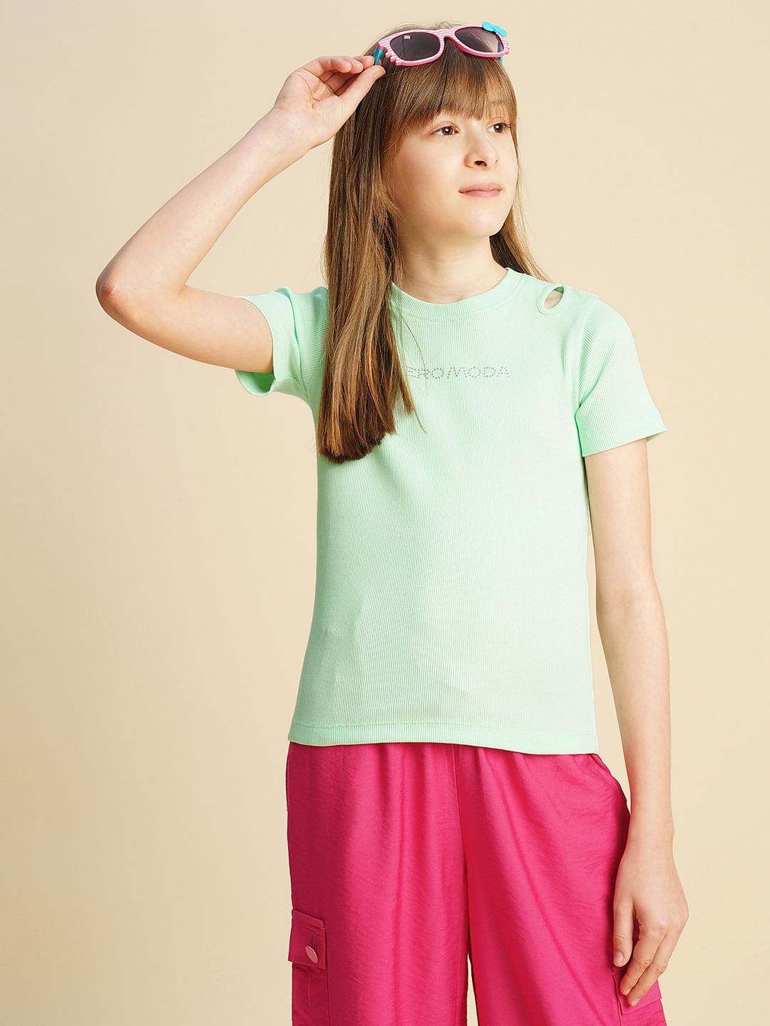 Girls Mint Green Rhinestone Text T-Shirt