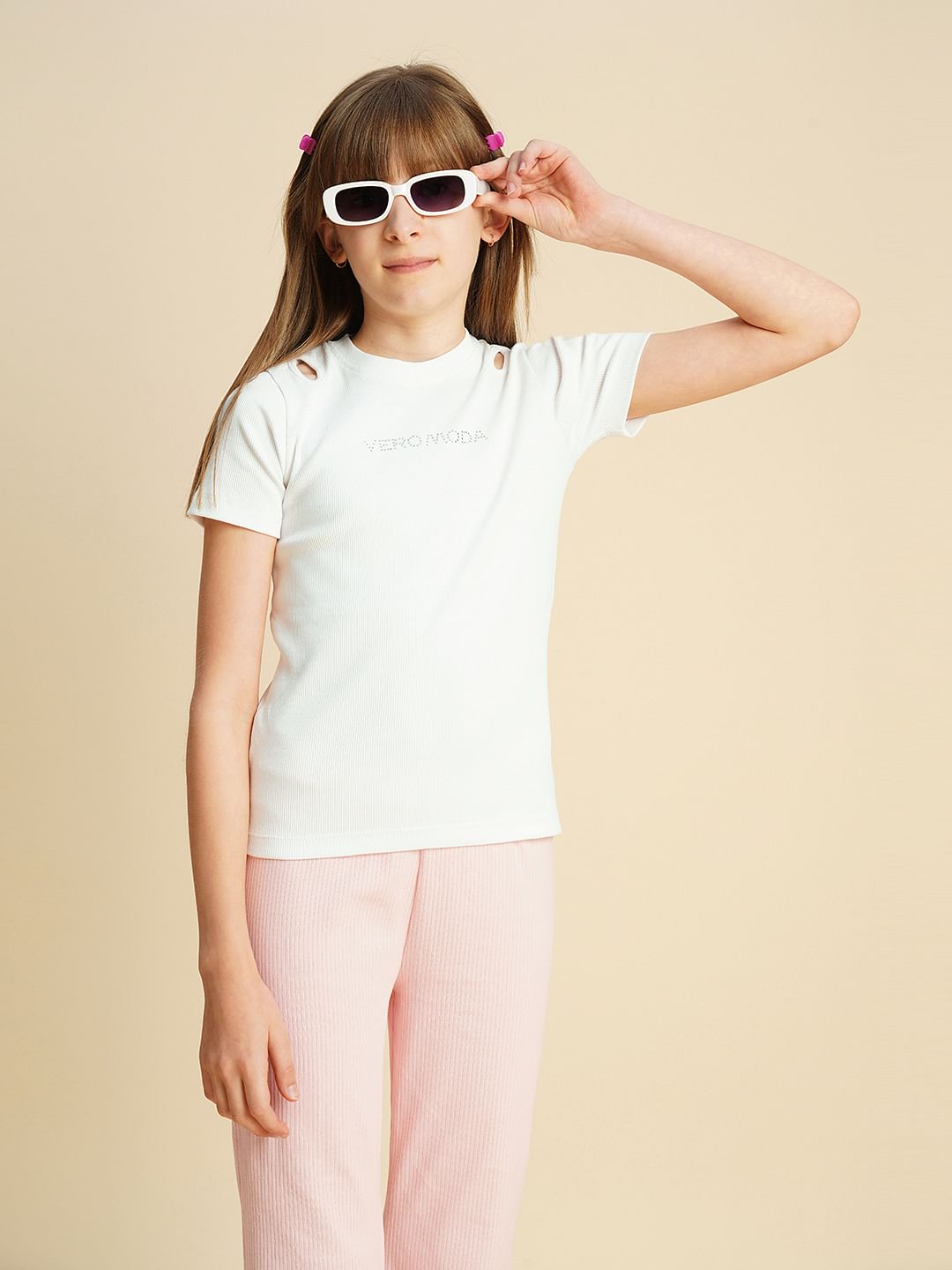 Girls White Rhinestone Text T-Shirt