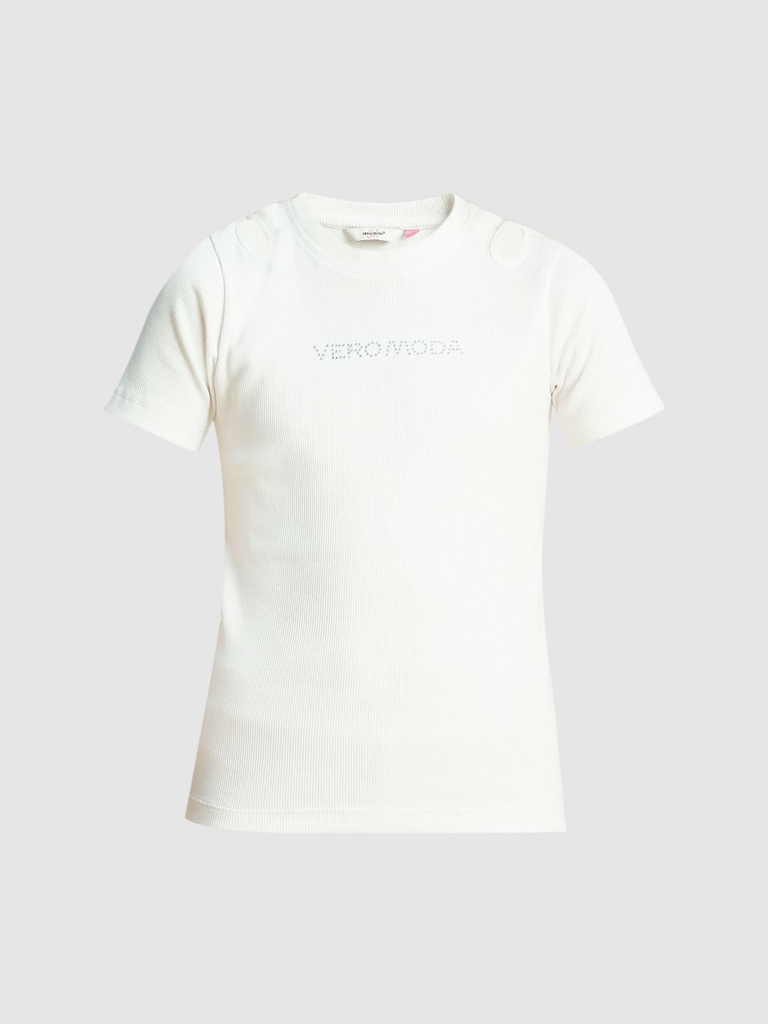 Girls White Rhinestone Text T-Shirt