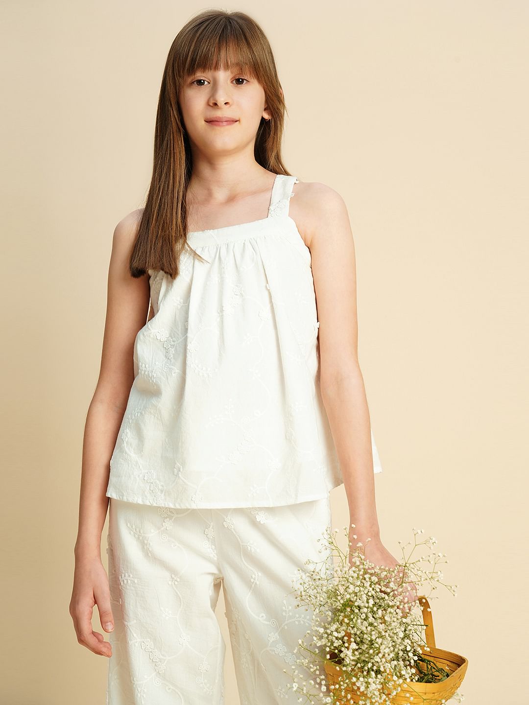 Girls White 3D Schiffli Co-Ord Set Top