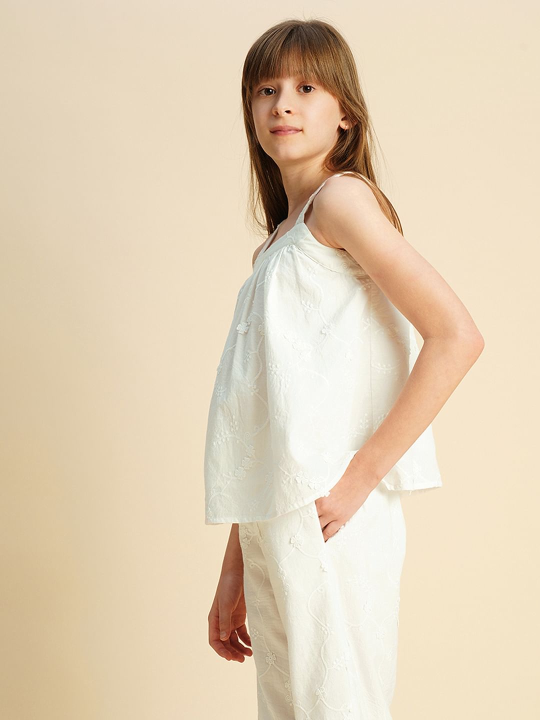 Girls White 3D Schiffli Co-Ord Set Top