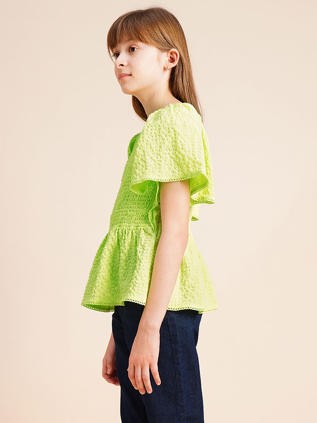 Girls Green Smocked Peplum Top