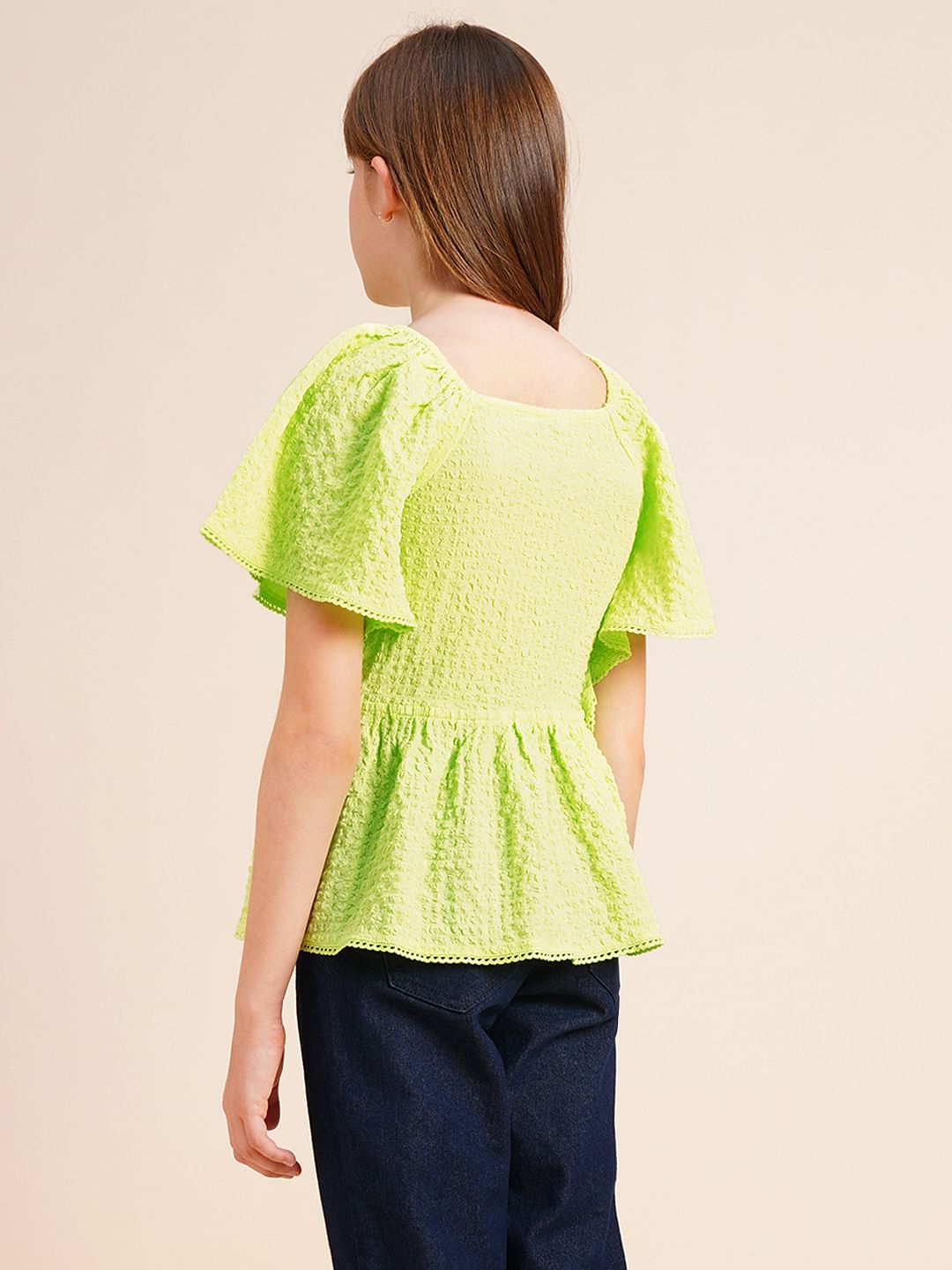 Girls Green Smocked Peplum Top