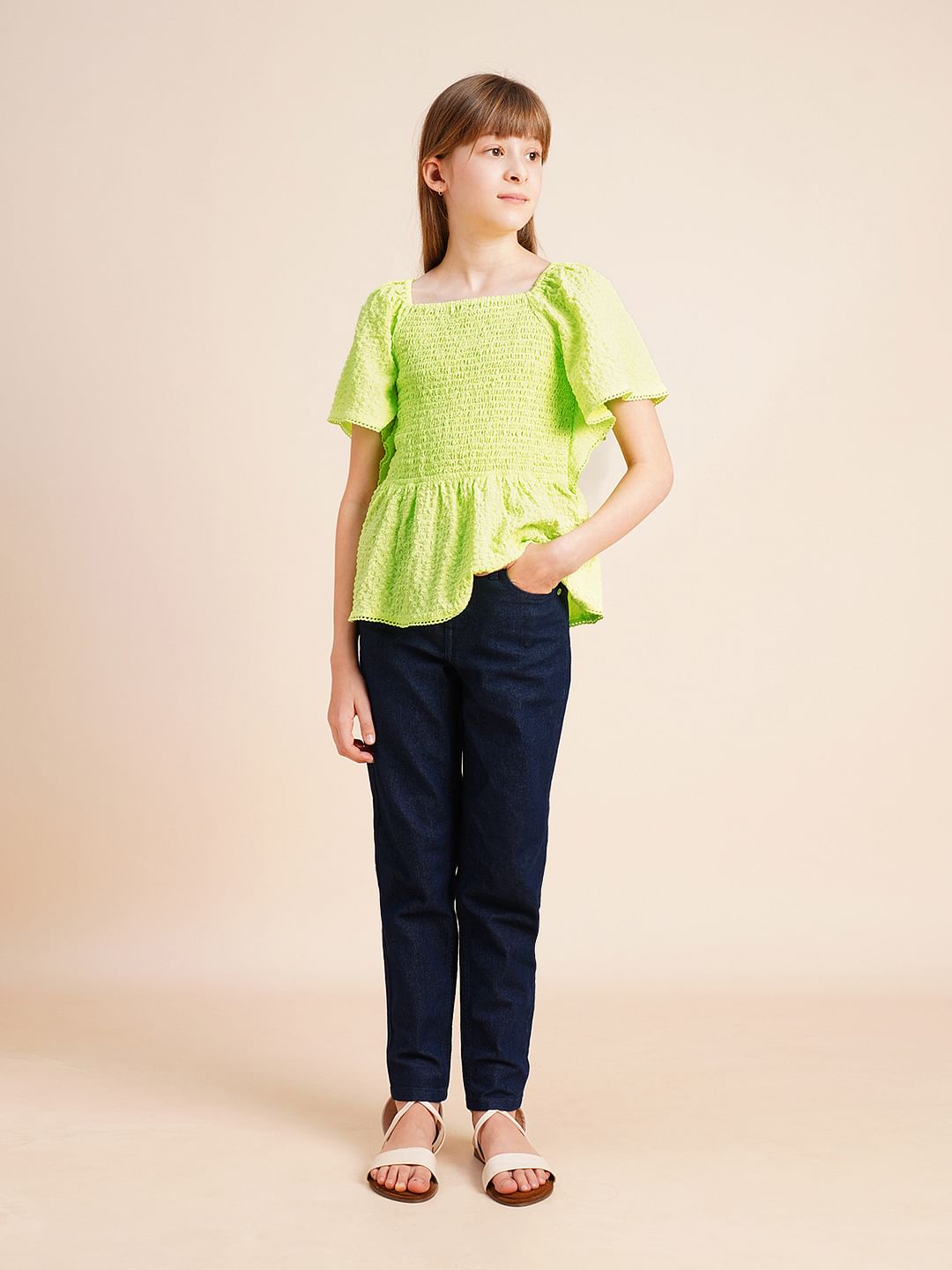 Girls Green Smocked Peplum Top