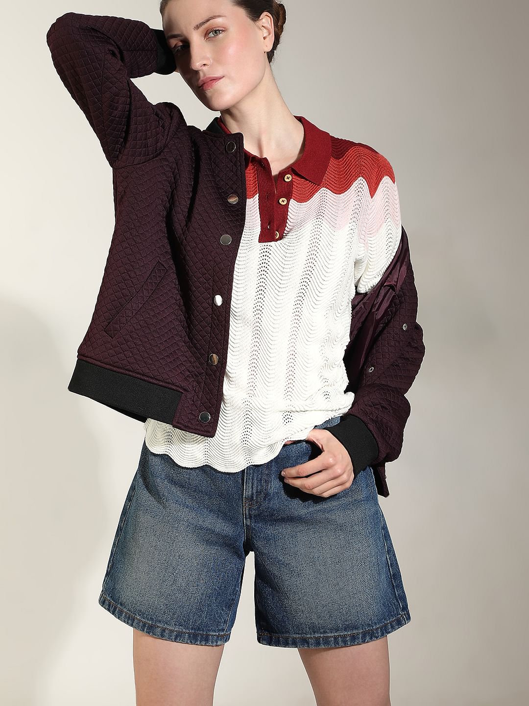 White Colourblocked Knit Top