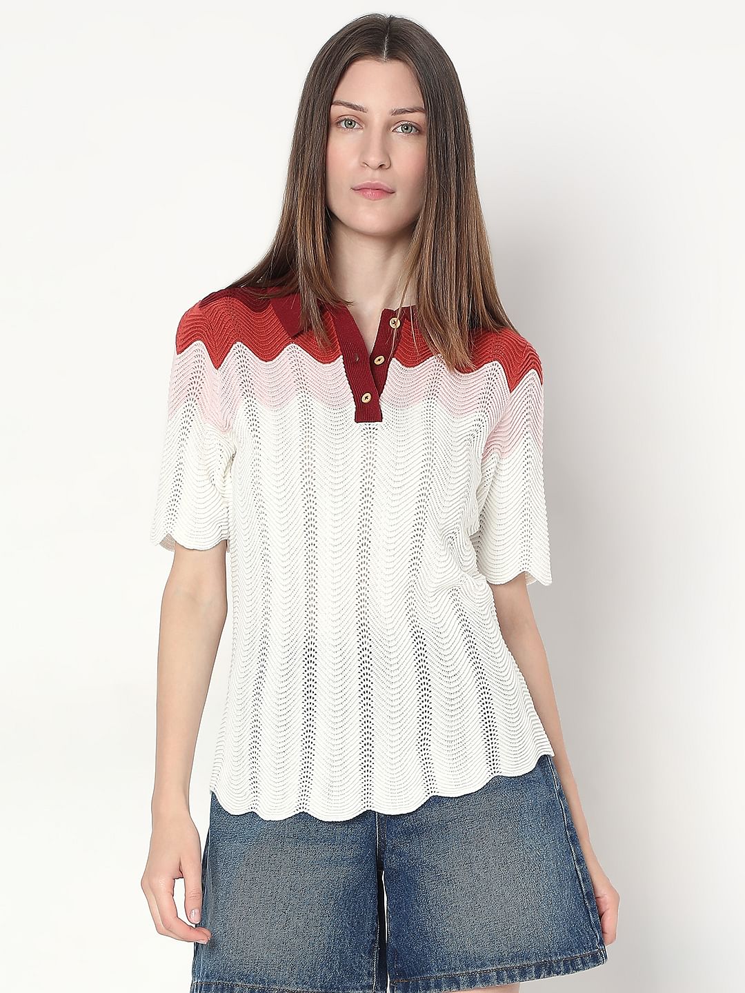 White Colourblocked Knit Top