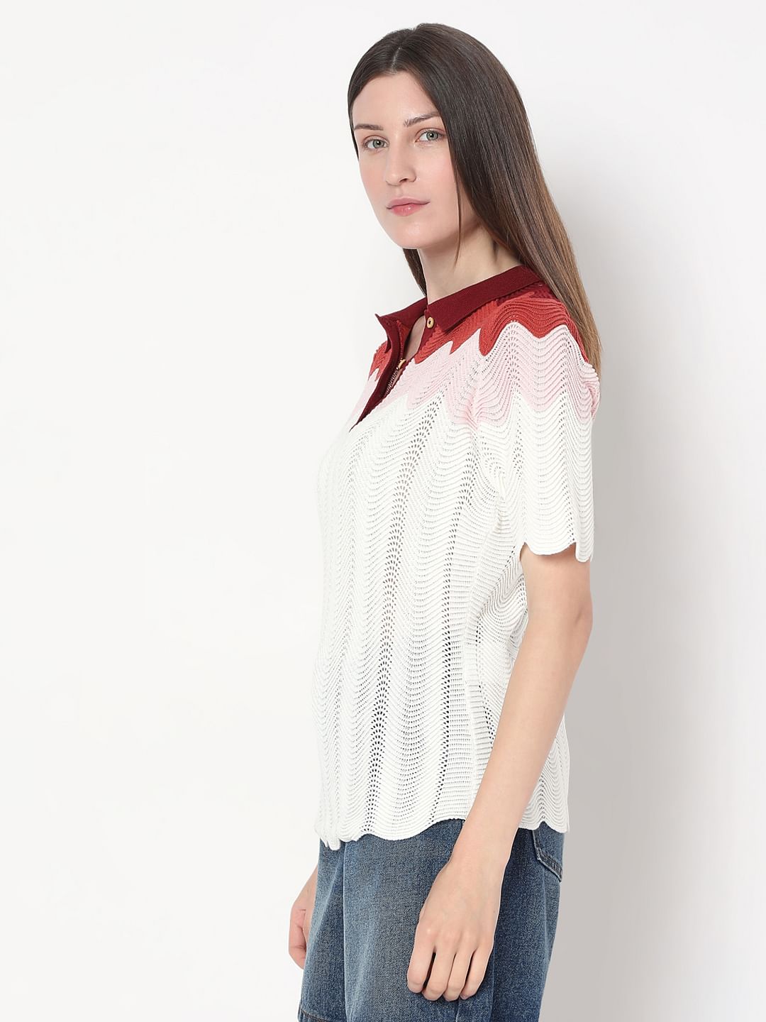 White Colourblocked Knit Top
