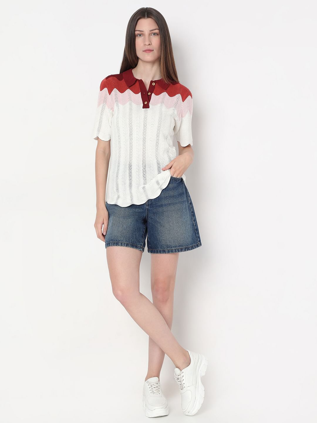 White Colourblocked Knit Top