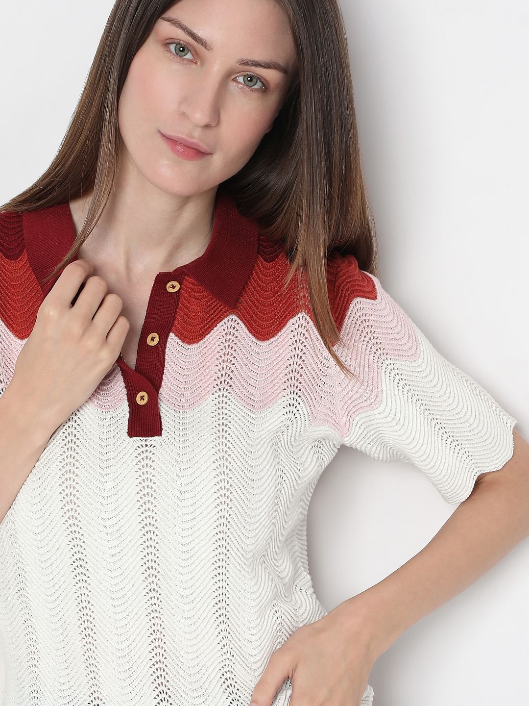 White Colourblocked Knit Top