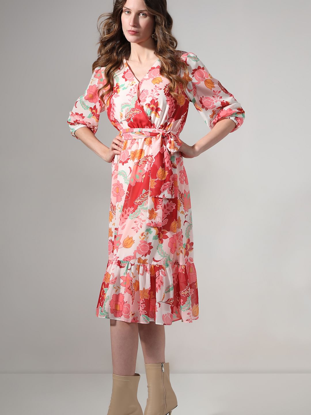 Red Floral Print Fit & Flare Dress