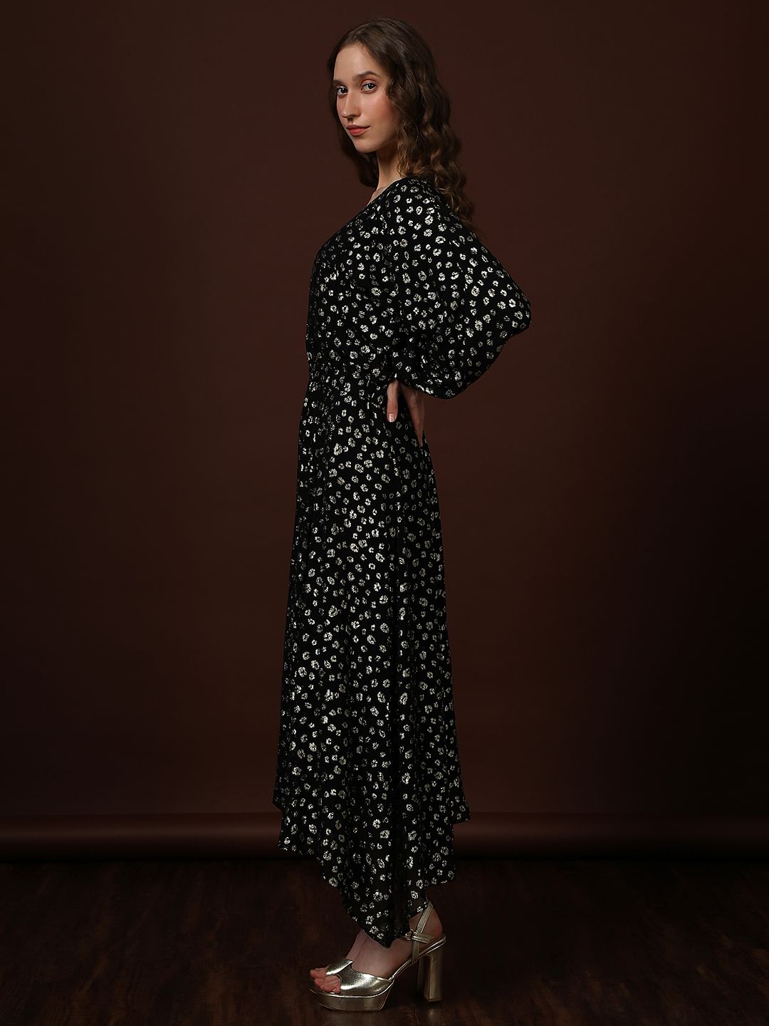 Black Metallic Lurex Midi Dress