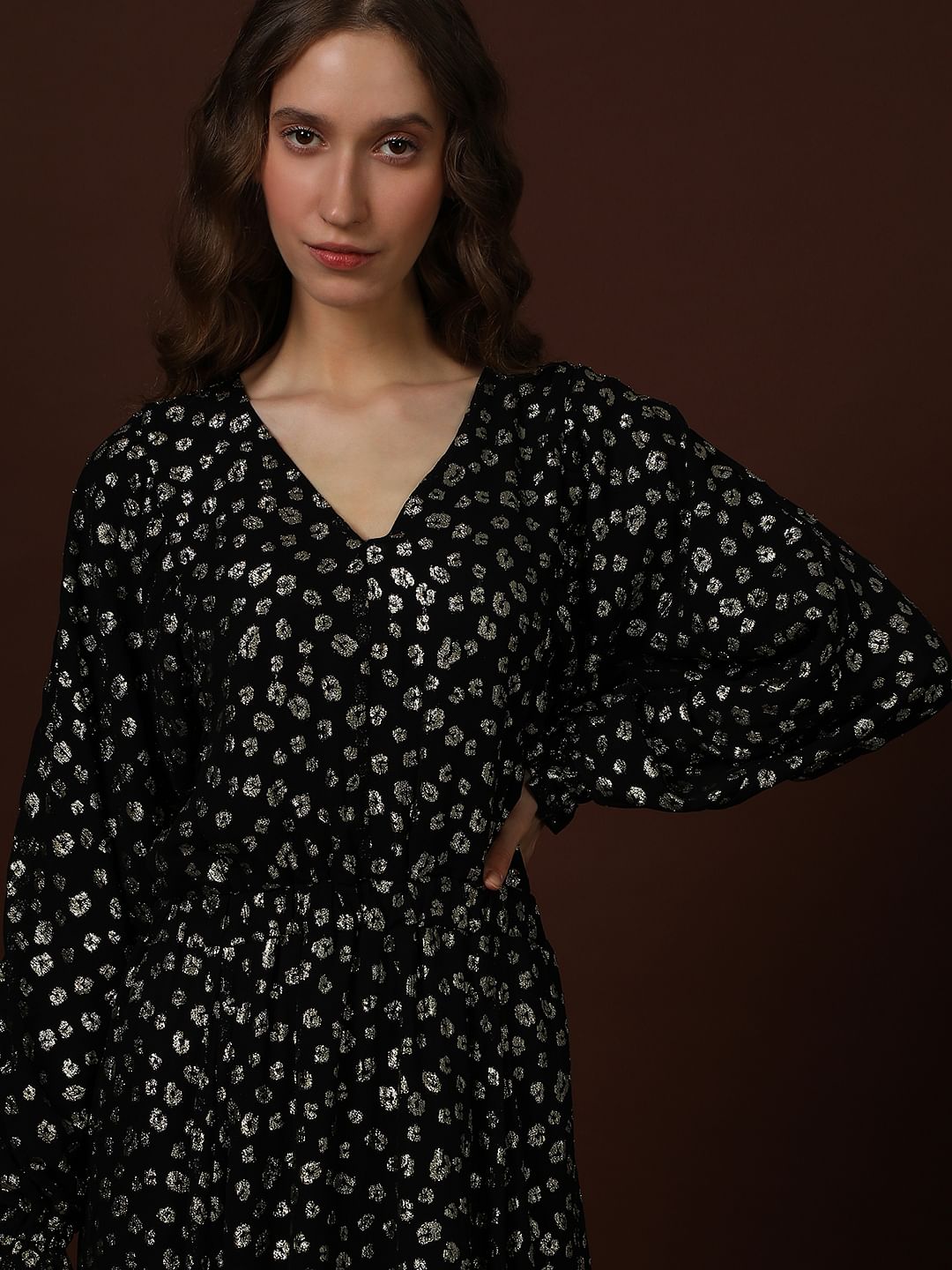 Black Metallic Lurex Midi Dress