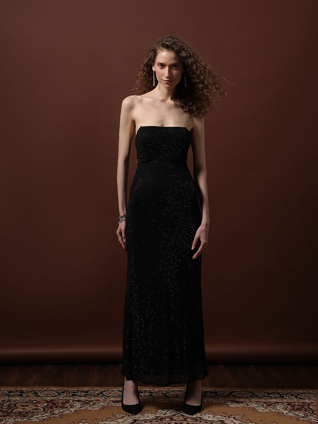 Black Shimmer Off-Shoulder Maxi Dress
