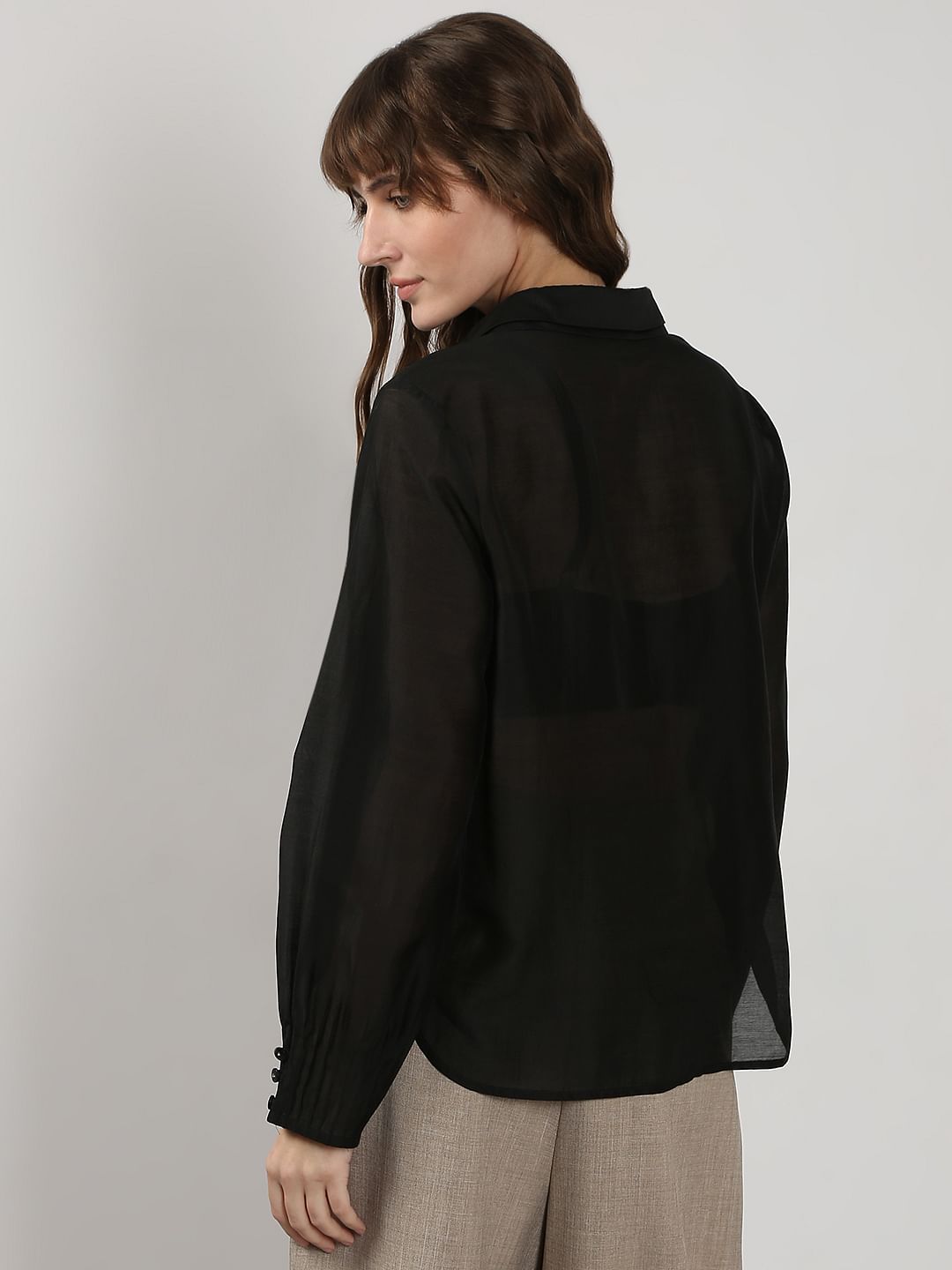 Black Semi Sheer Full Sleeves Shirt