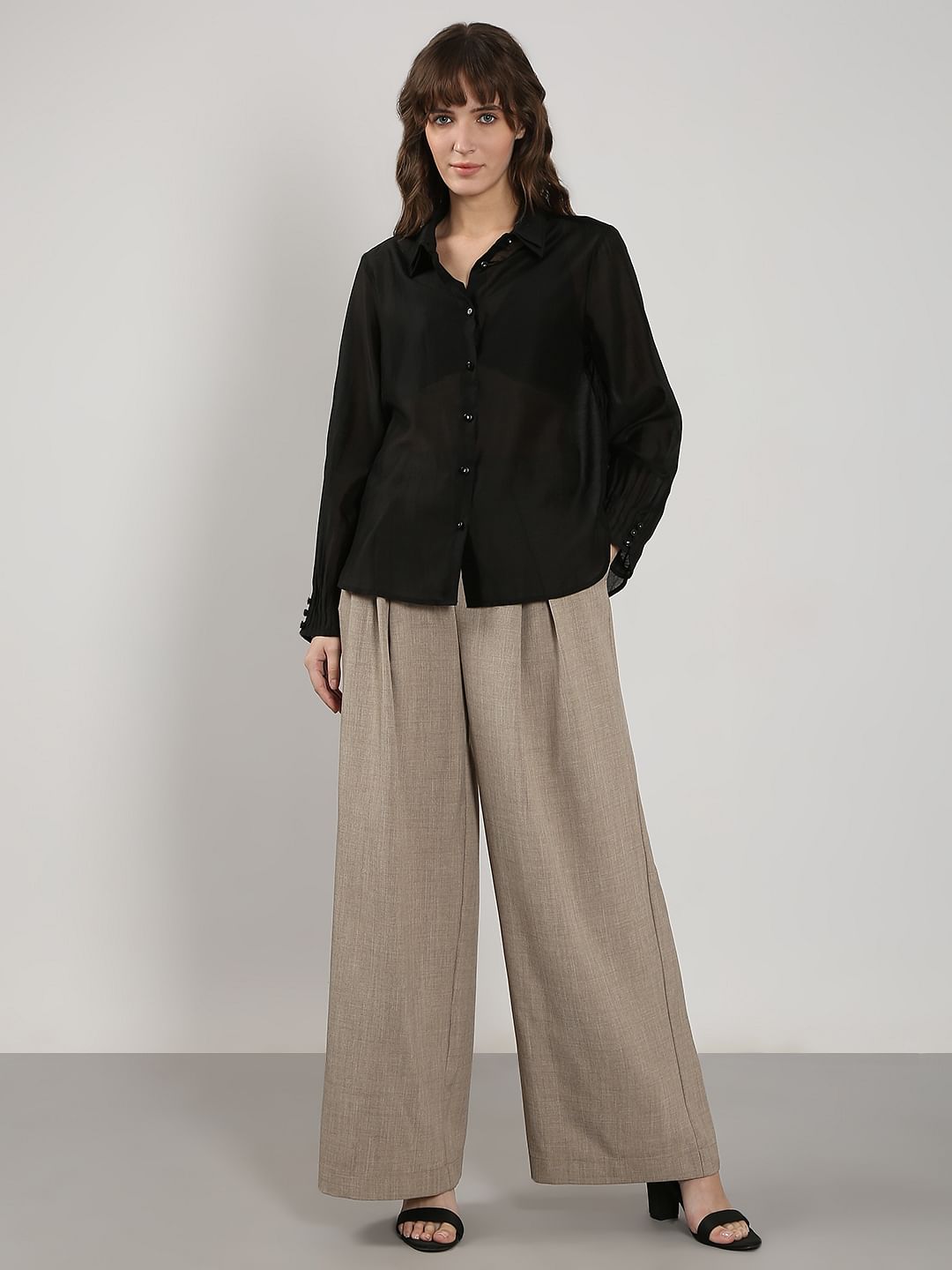 Black Semi Sheer Full Sleeves Shirt