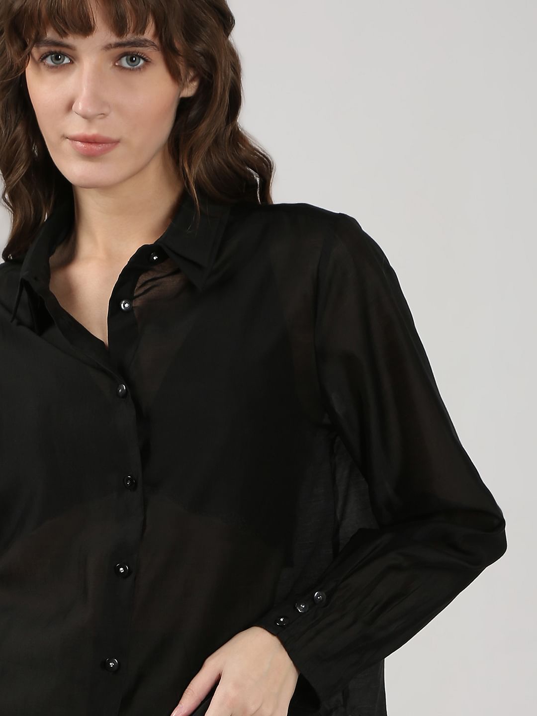 Black Semi Sheer Full Sleeves Shirt