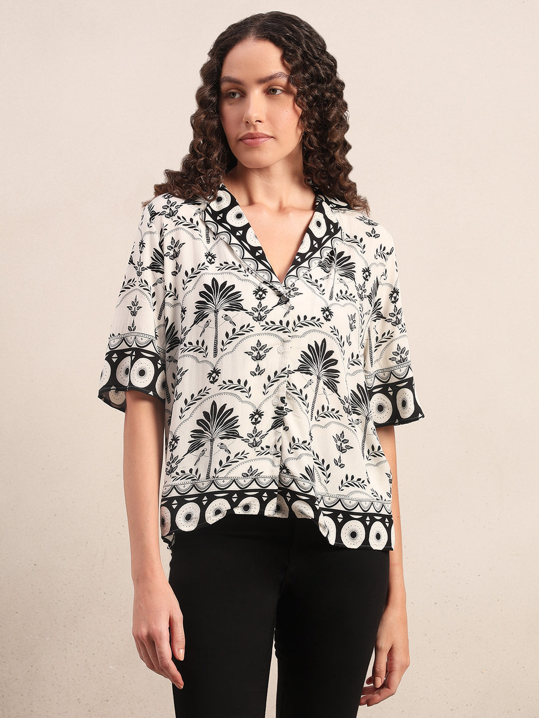 Floral Viscose Short Sleeves Shirt - White