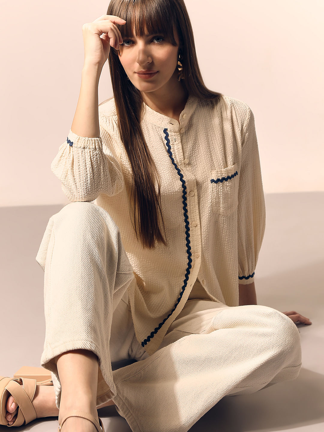 Ecru Lace Trim Cotton Shirt