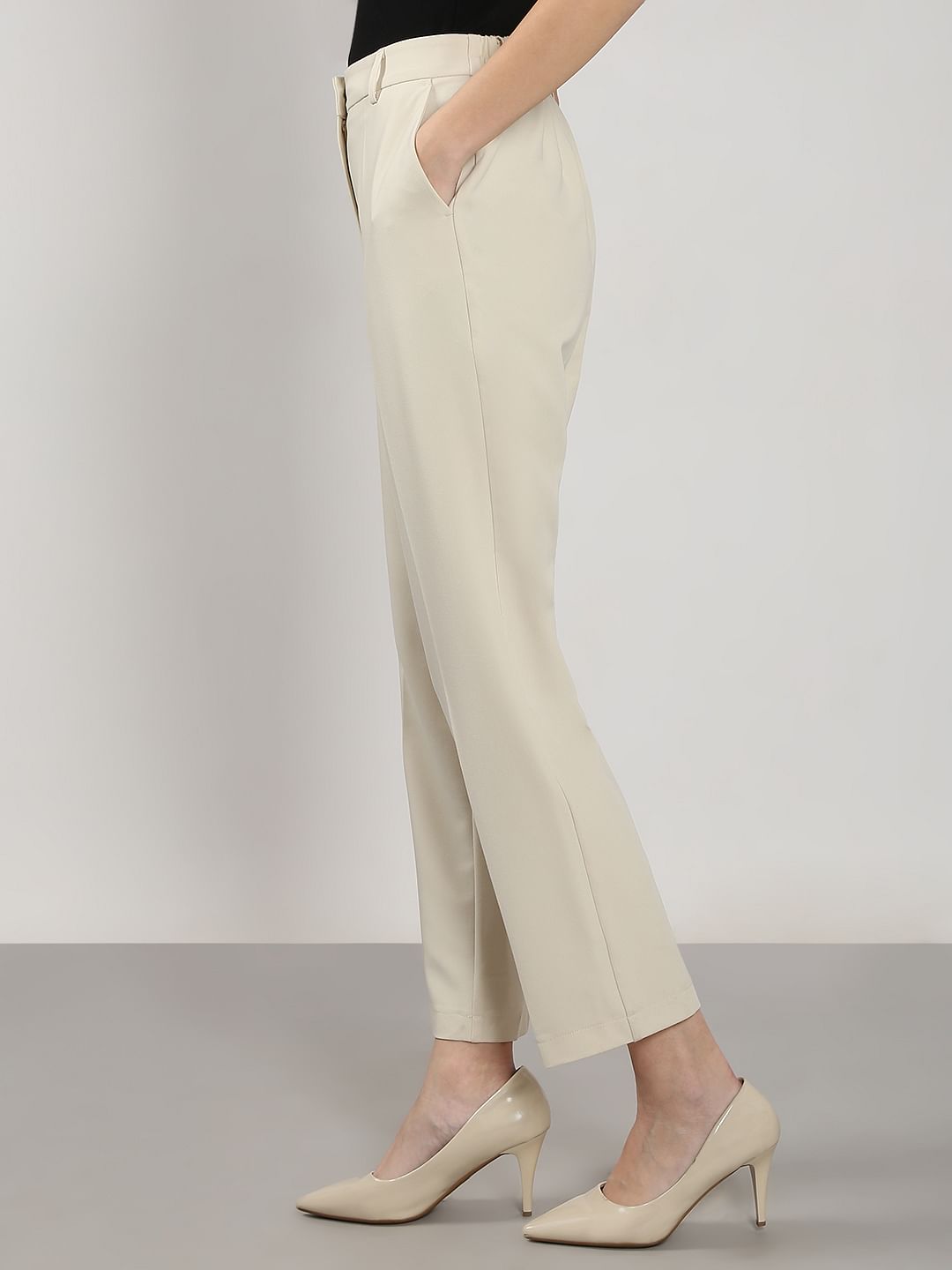 Beige Ankle Length Formal Pants