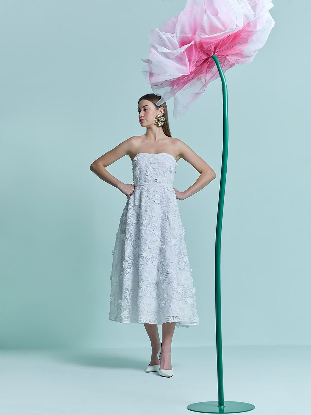 Marquee White Lace Applique Off-Shoulder Dress