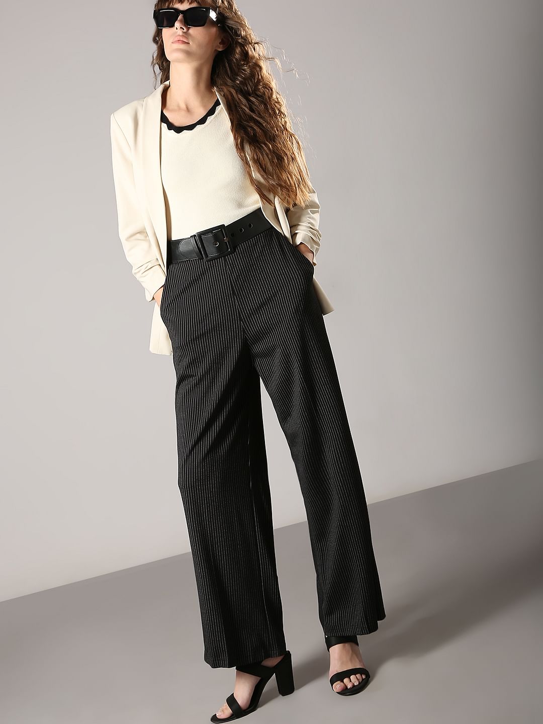 Black High Rise Striped Flared Pants