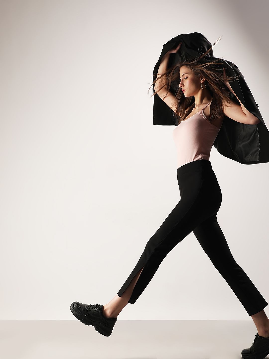 Black High Rise Slide Slit Pants