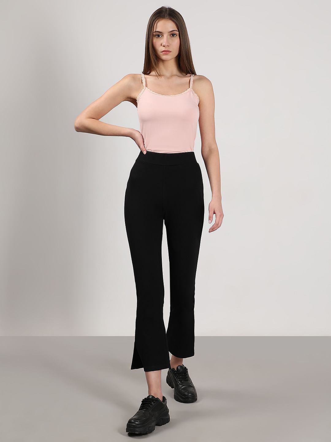 Black High Rise Slide Slit Pants