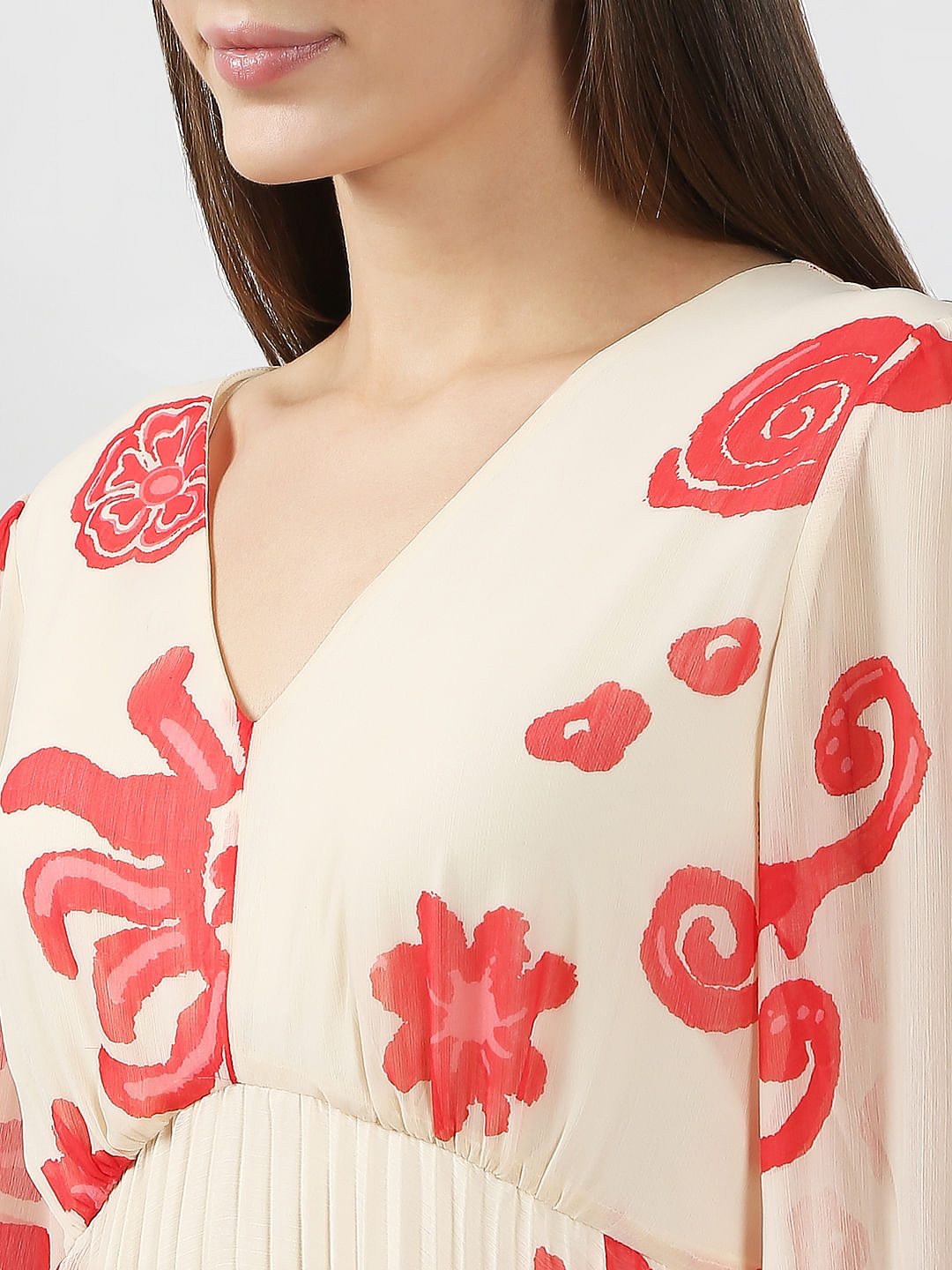 Beige Printed Pleated Midi Dress