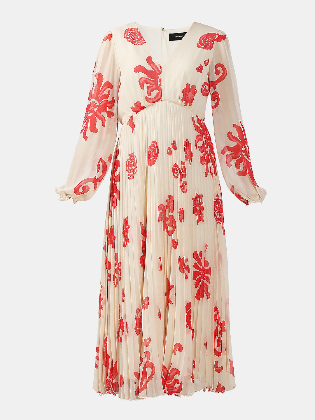 Beige Printed Pleated Midi Dress