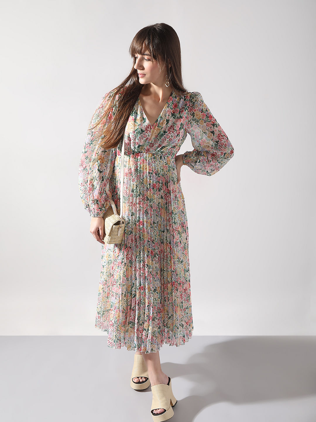 Multi-Colour Floral Pleated Midi Dress