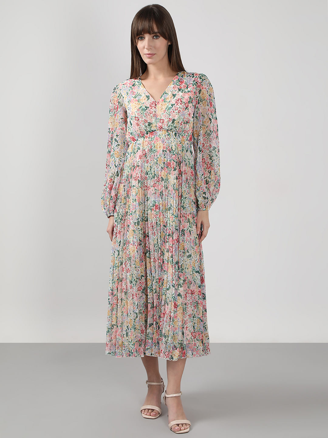 Multi-Colour Floral Pleated Midi Dress