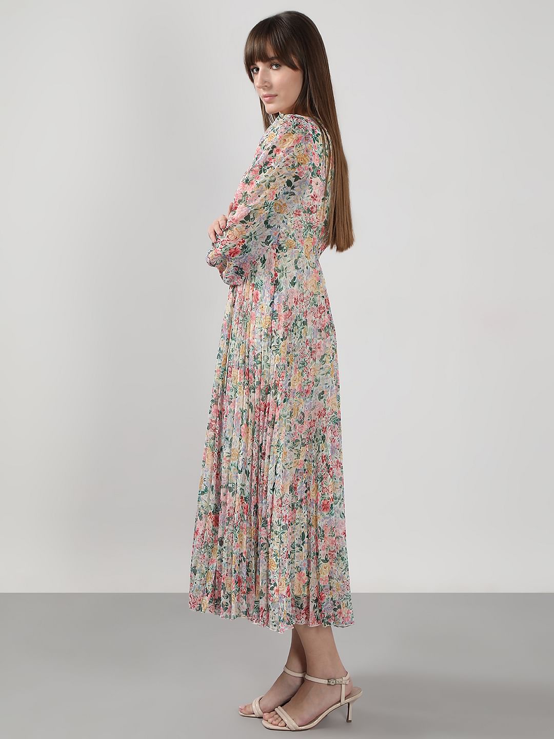 Multi-Colour Floral Pleated Midi Dress