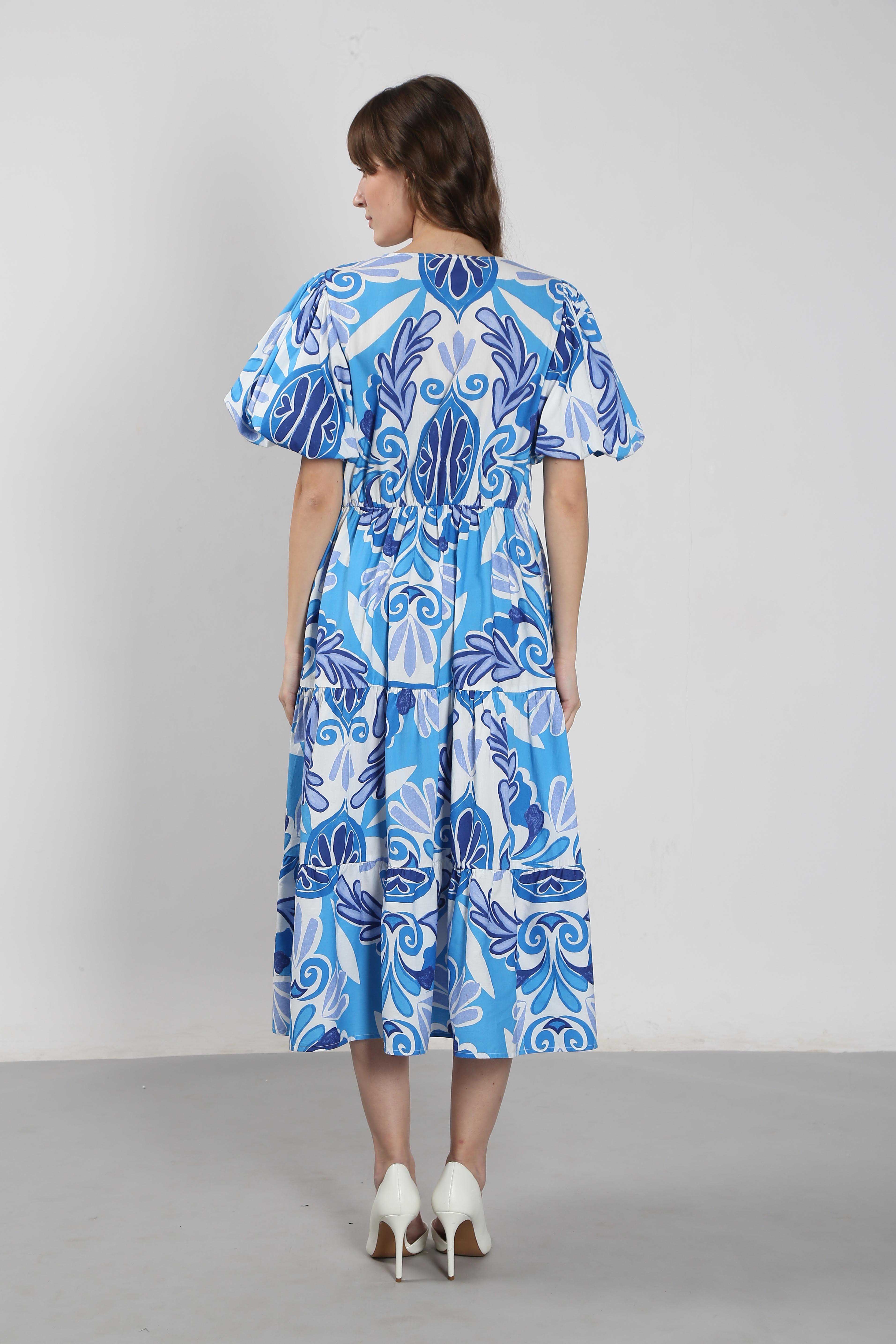 Vero Moda Blue Printed Cotton Midi Dress