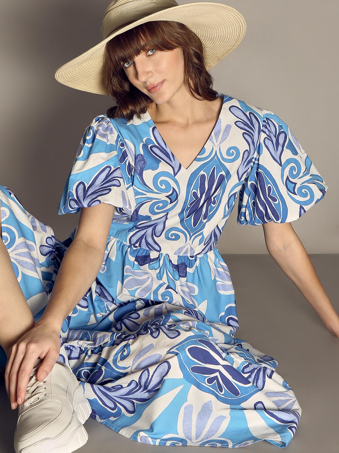 Vero Moda Blue Printed Cotton Midi Dress