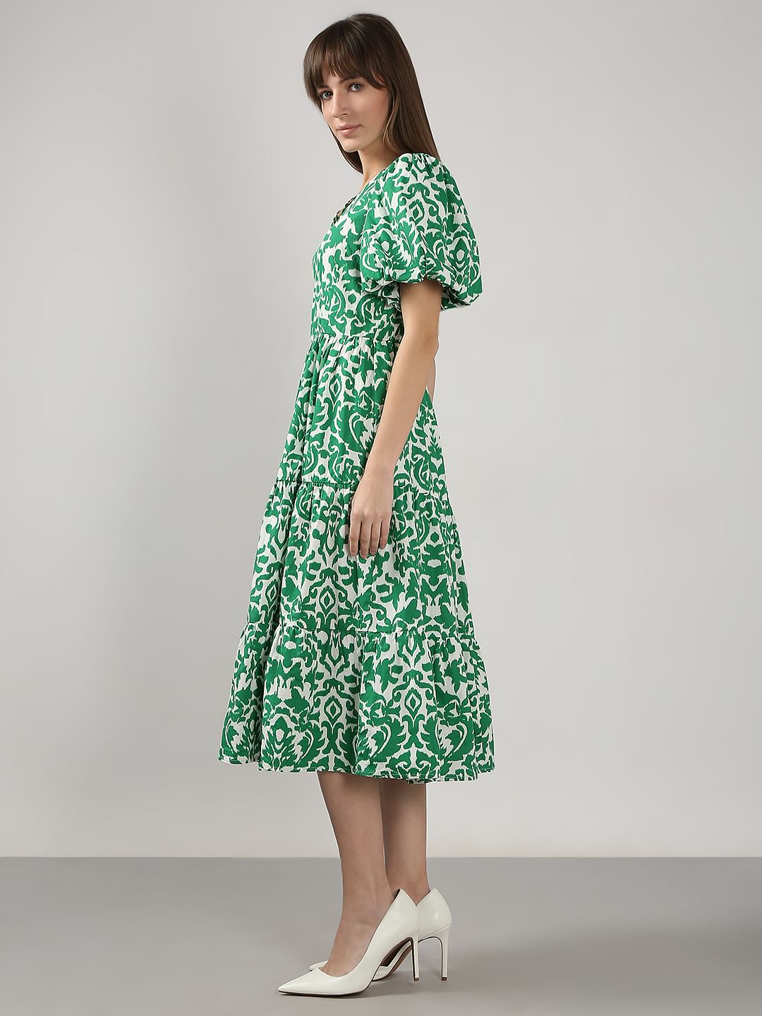 Green Printed Puff Sleeves Midi Dress