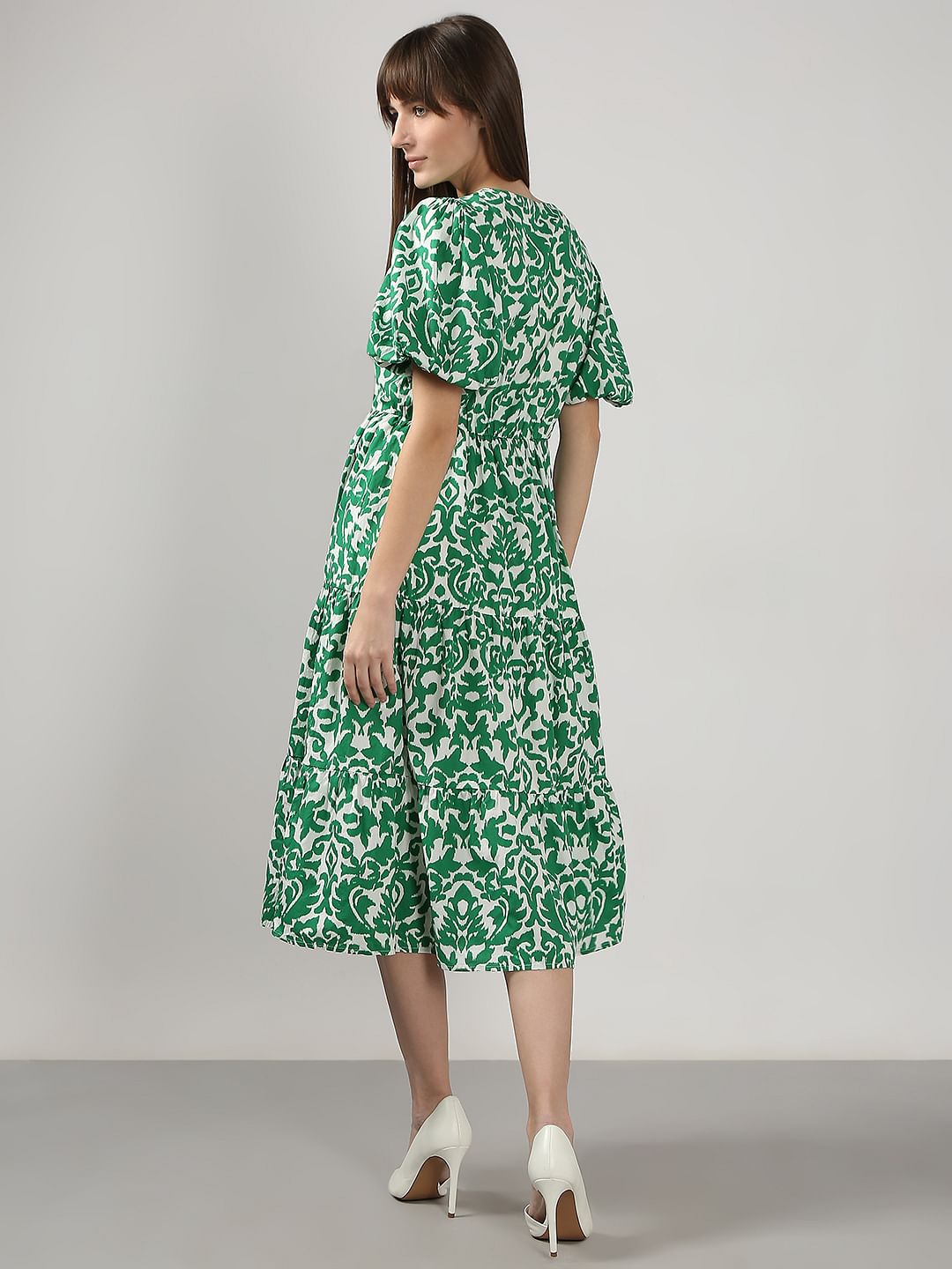 Green Printed Puff Sleeves Midi Dress
