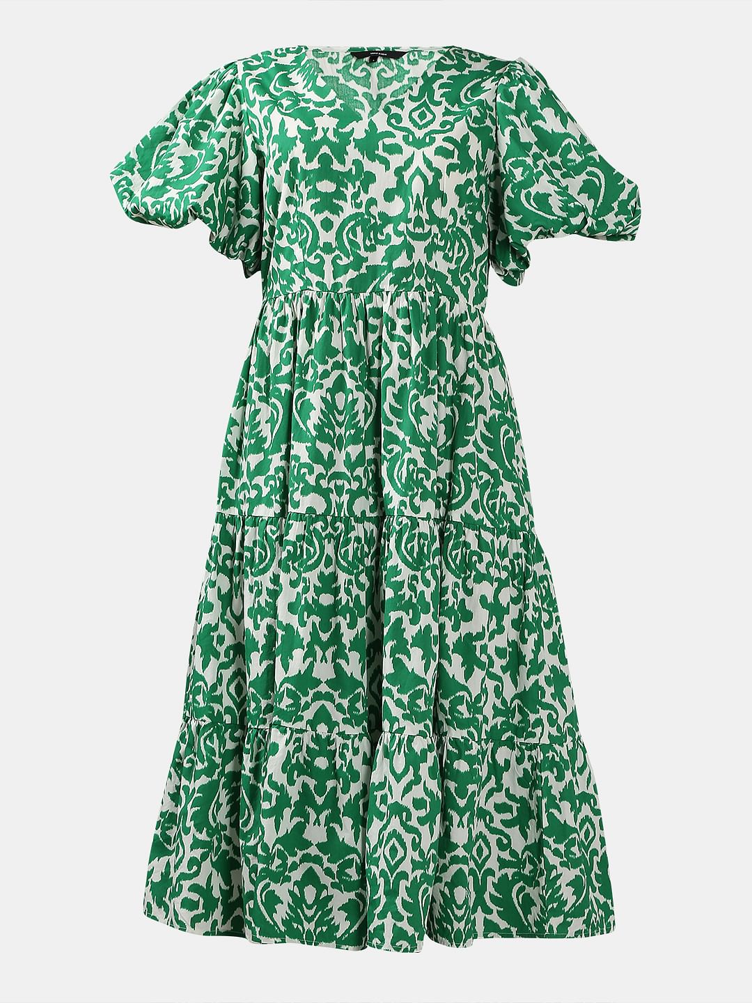 Green Printed Puff Sleeves Midi Dress