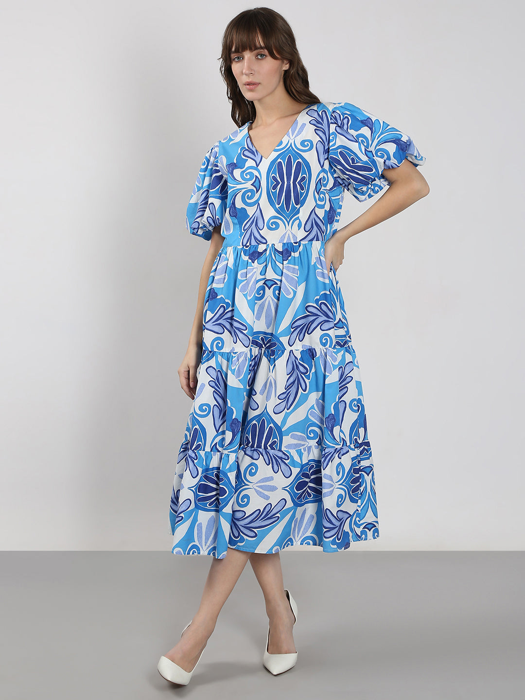 Blue Printed Midi Dress