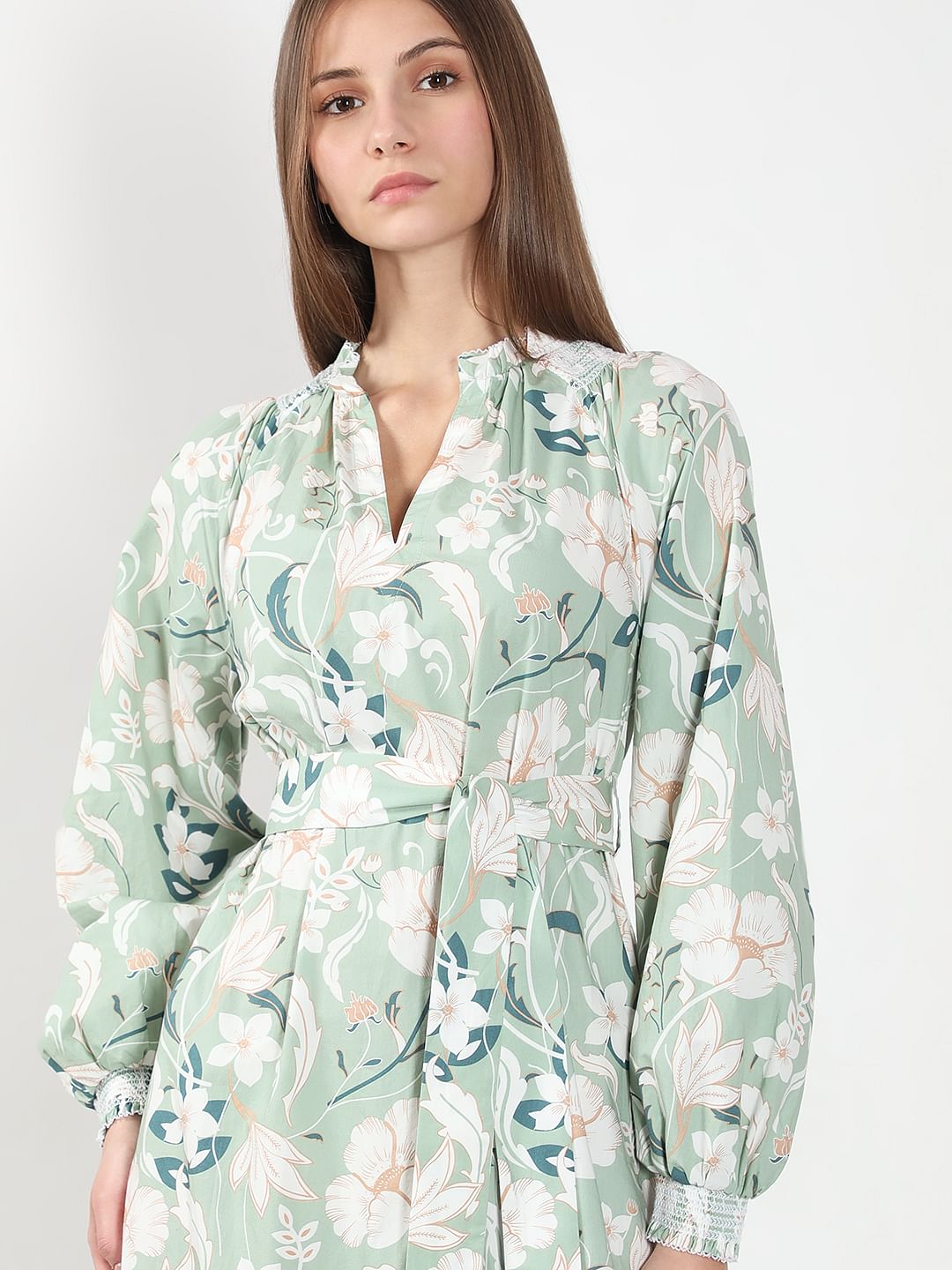 Green Floral Cotton Midi Dress