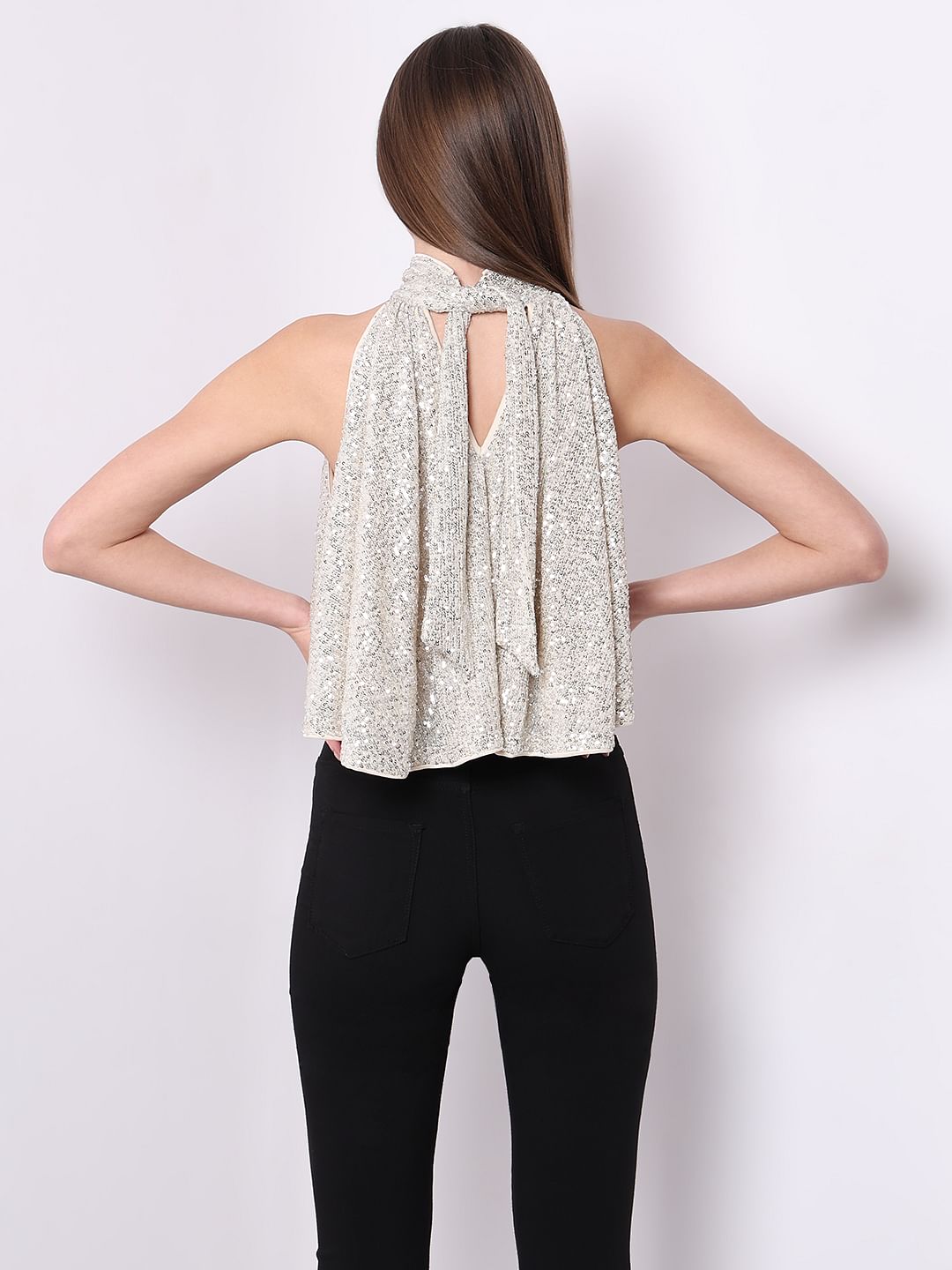 Silver Sequined Halter Neck Top