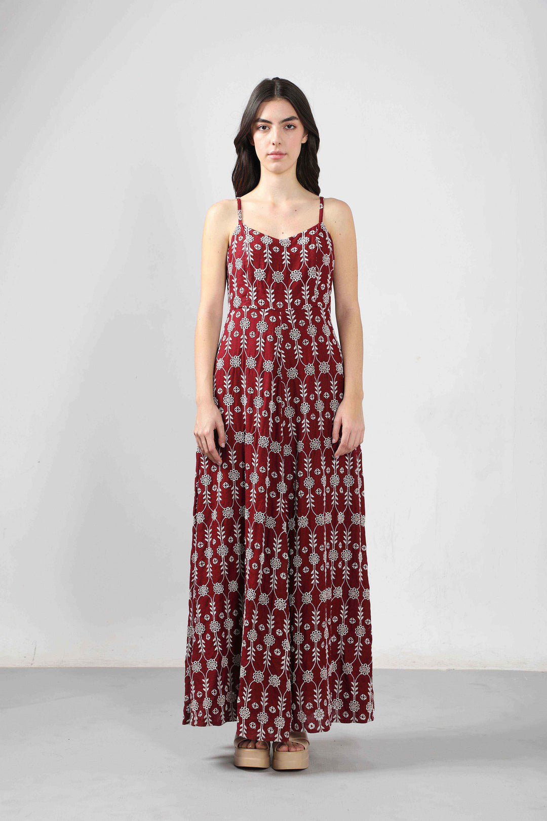 Vero Moda Maroon Embroidered Maxi Dress