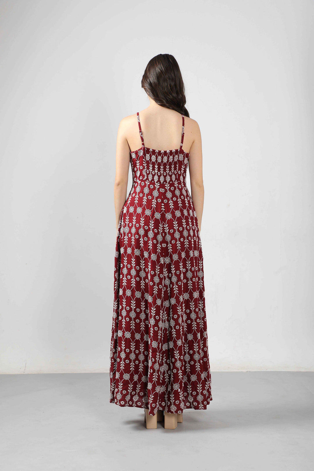 Vero Moda Maroon Embroidered Maxi Dress