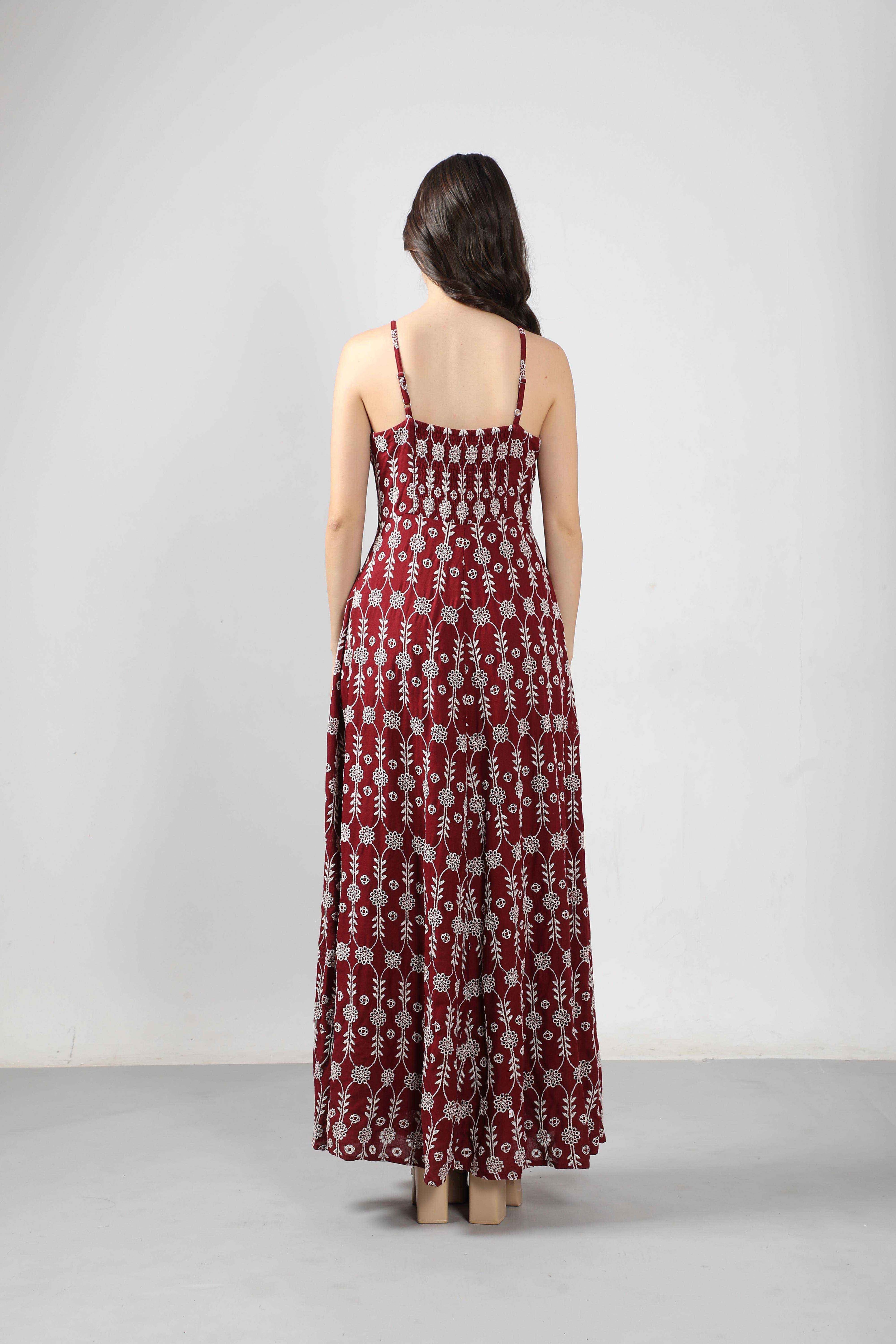 Vero Moda Maroon Embroidered Maxi Dress