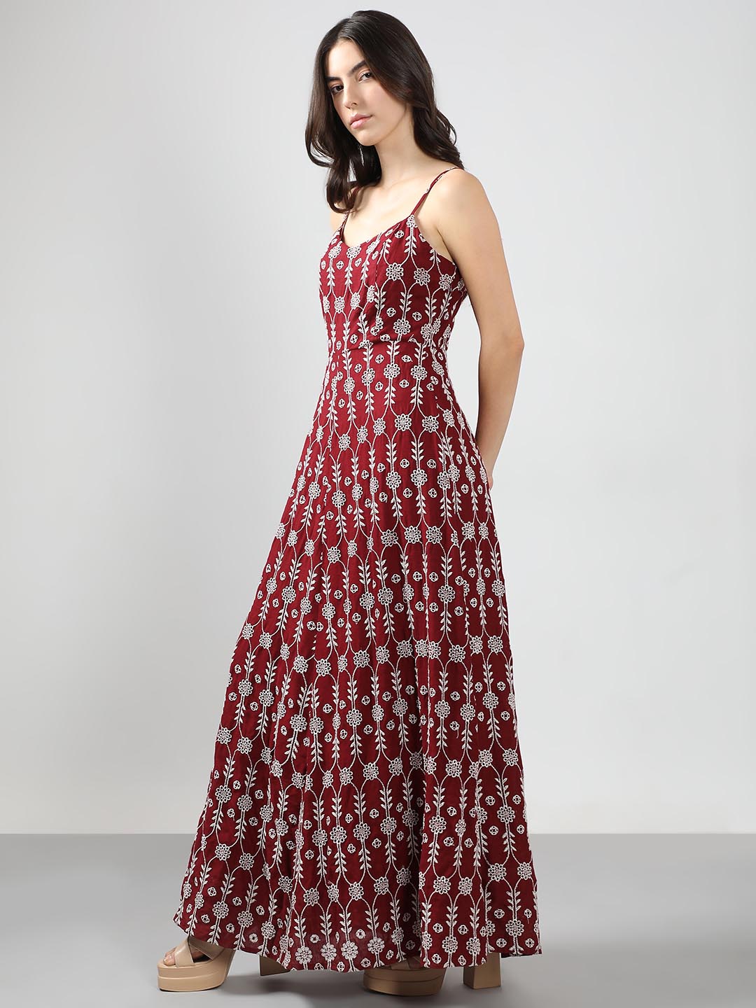 Vero Moda Maroon Embroidered Maxi Dress